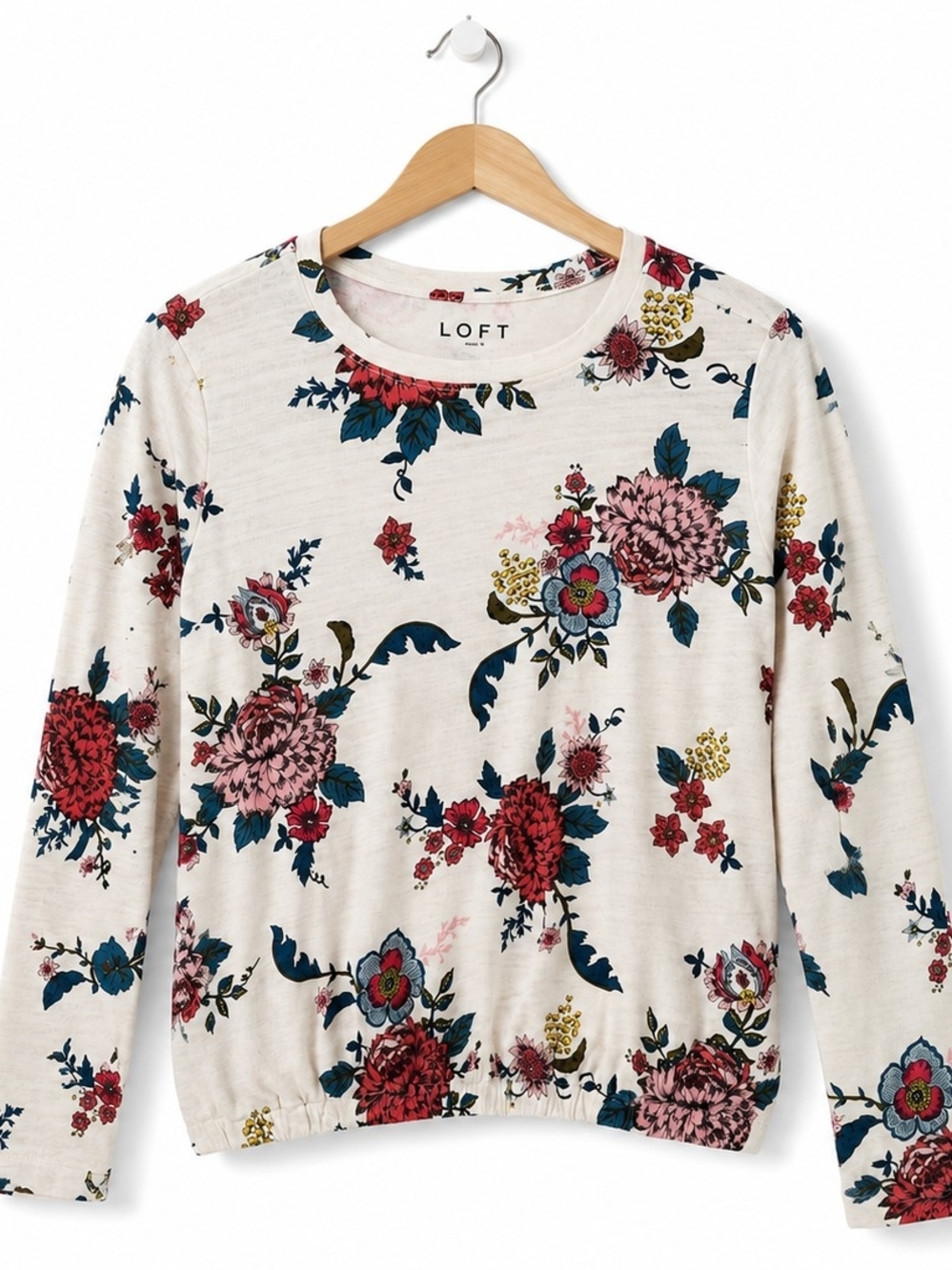 LOFT Cream Floral Long Sleeve Tee with Pink & Red Blooms